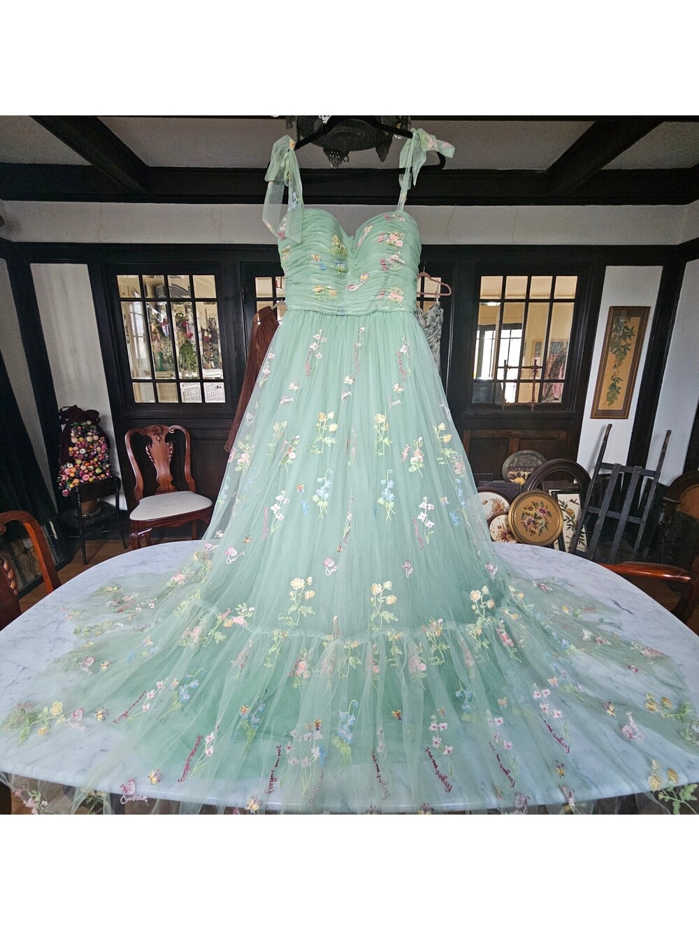 Maxi Green Dress Wedding Event Floral Embroider Fairy Ethereal Sheer Romantic 10